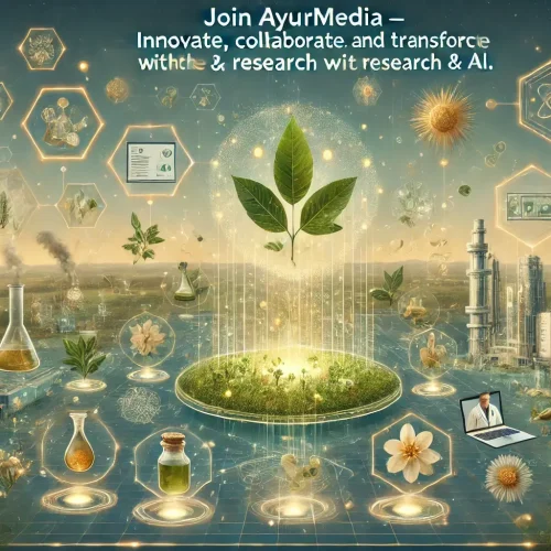 A futuristic and innovative landscape promotional graphic for AyurMedia collaboration. The image showcases a high-tech digital platform where Ayurvedi