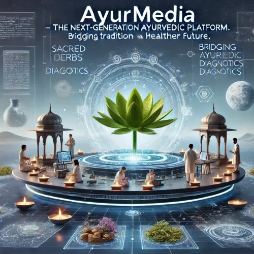 A next-generation Ayurvedic platform promotional graphic in landscape format. The image showcases a futuristic digital hub where Ayurvedic doctors, AI