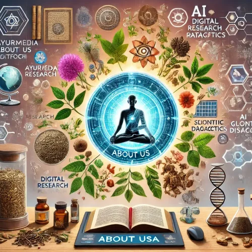 A visually compelling digital illustration for AyurMedia's About Us page, showcasing the evolution of Ayurveda from ancient manuscripts and traditiona