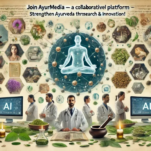 A wide promotional graphic (landscape format) for AyurMedia collaboration. The image features an interconnected network of Ayurvedic professionals, re